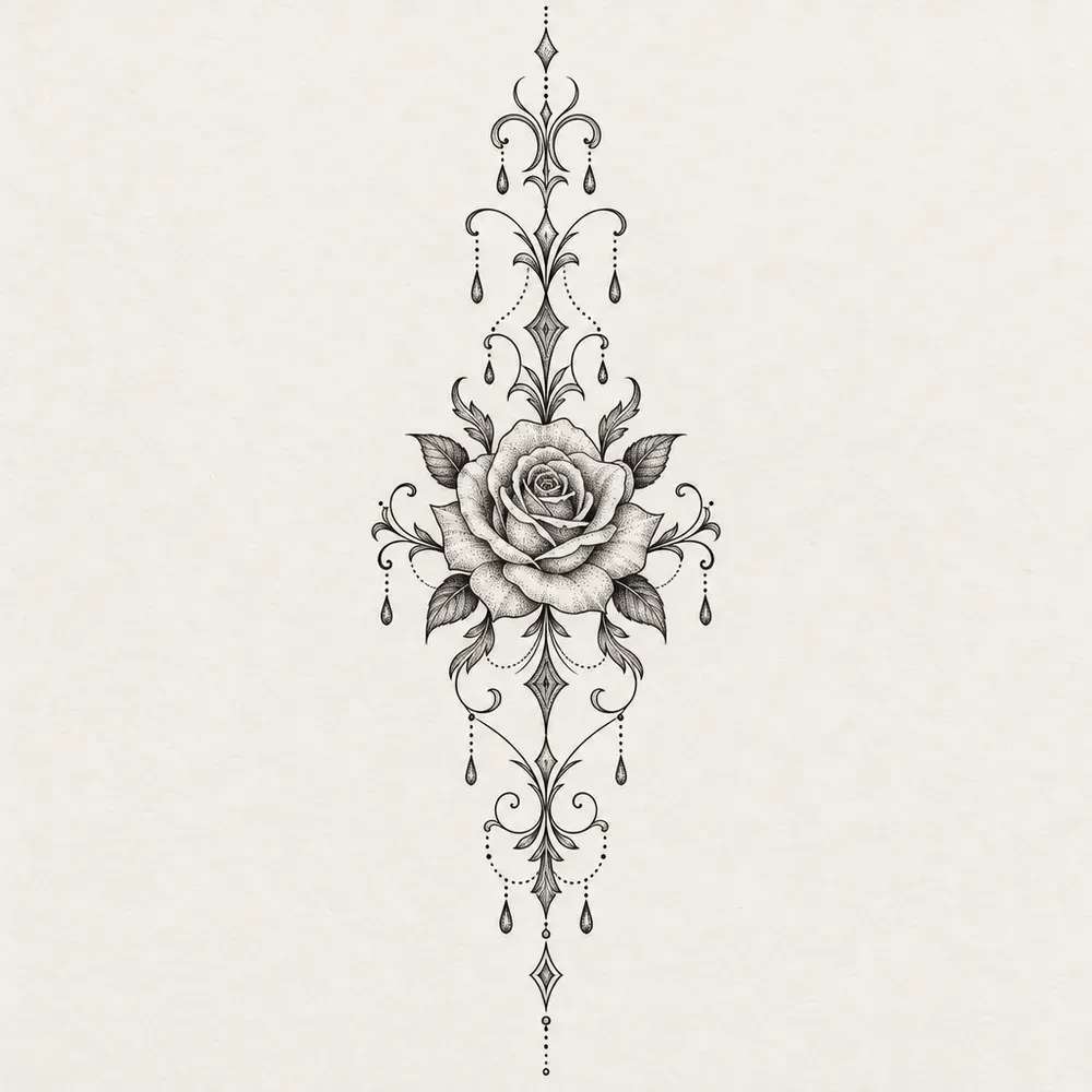 A tall narrow ornament with a rose at its centre and filigree scrollwork and small hanging teardrops above and below.