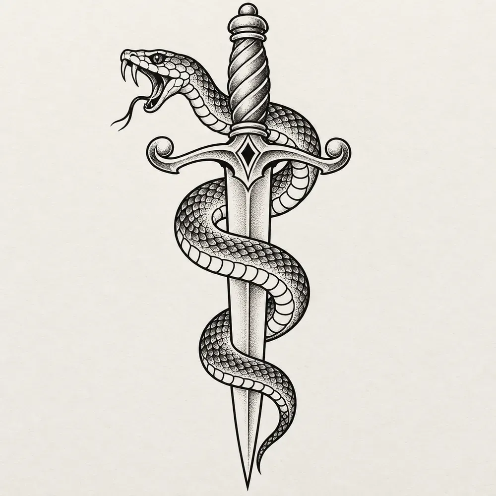 A dagger pointing downward with a snake coiled around its blade and its head raised beside the guard.