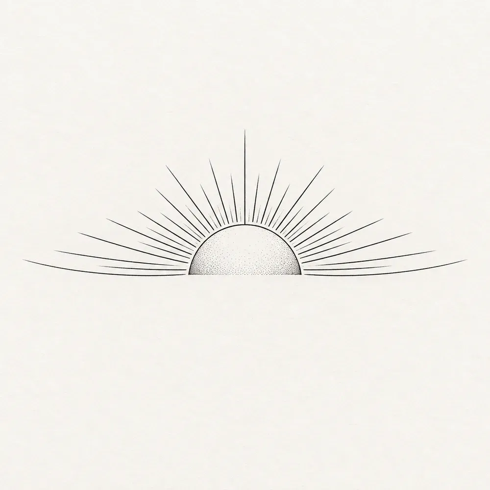 A half sun on a horizon line with straight rays fanning upward.