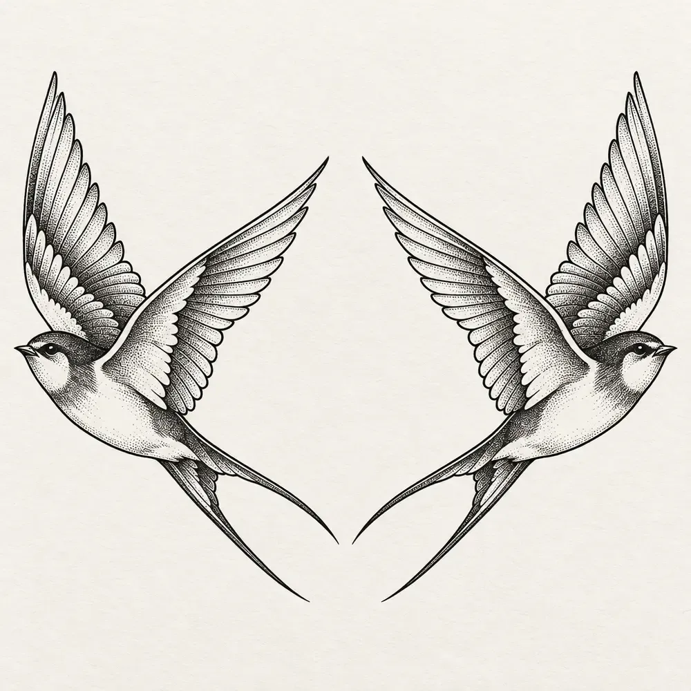Two swallows mirrored and facing away from each other, wings spread.