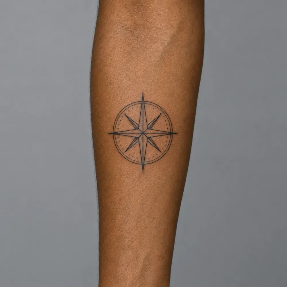 A fine-line compass rose tattooed on the inner forearm of warm brown skin.