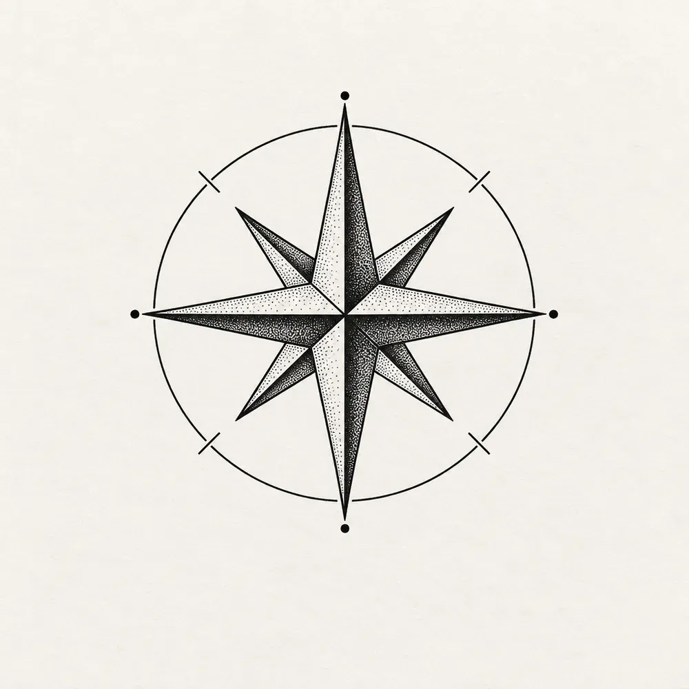 An eight-point compass rose in a plain circle, the star points shaded with fine stipple.