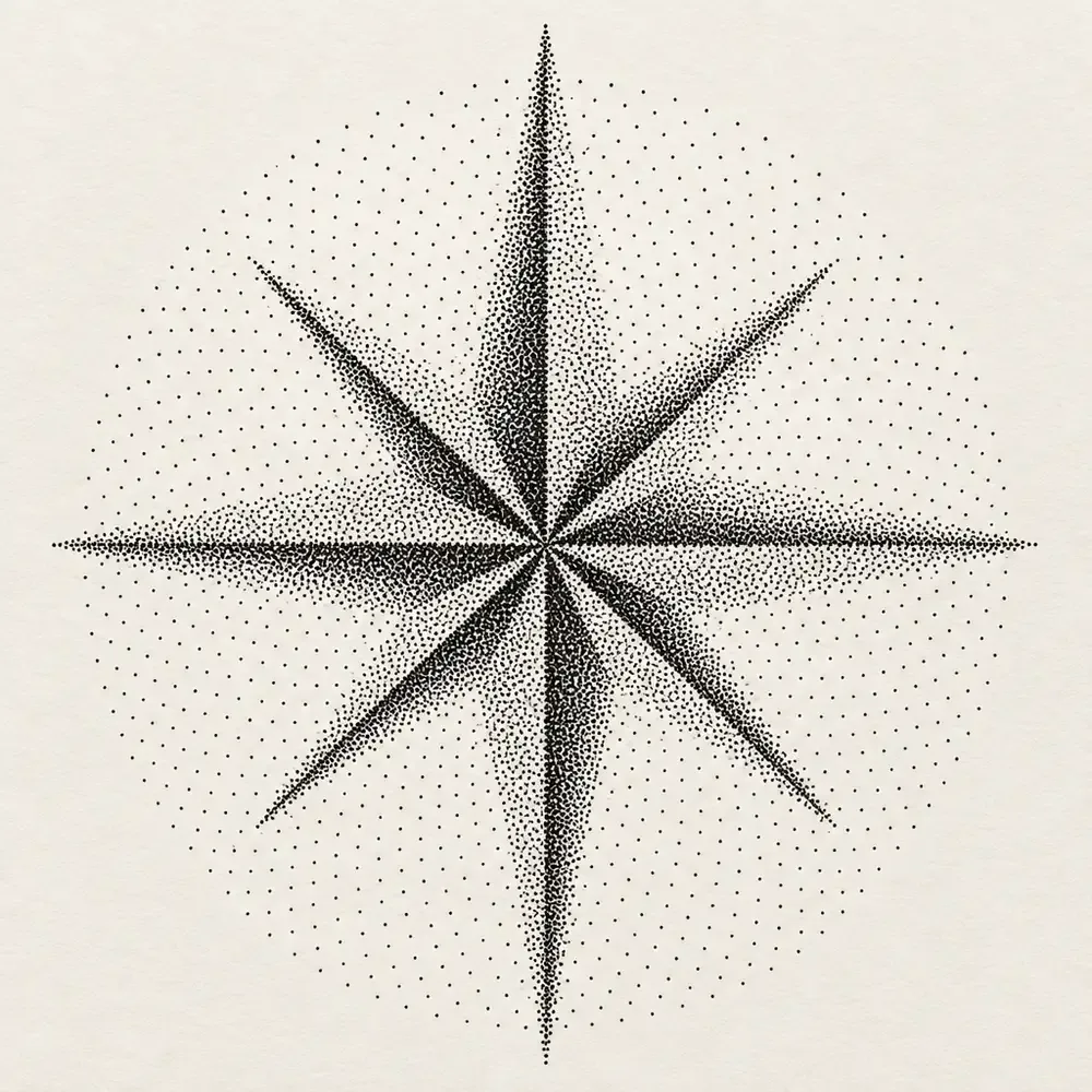 A compass rose built entirely from stippled dots, dense at the points and open towards the rim.