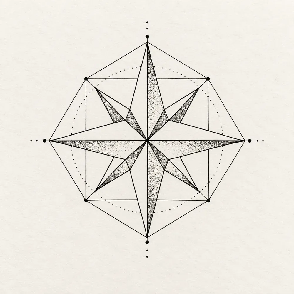 A compass rose overlaid with straight construction lines and a ring of small dots.