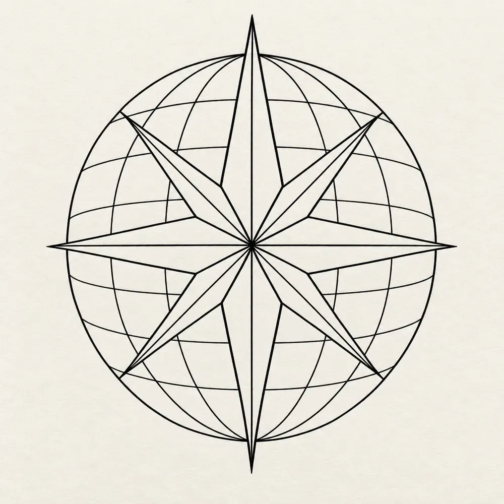 A compass rose drawn in front of a globe of curved meridian and parallel lines.