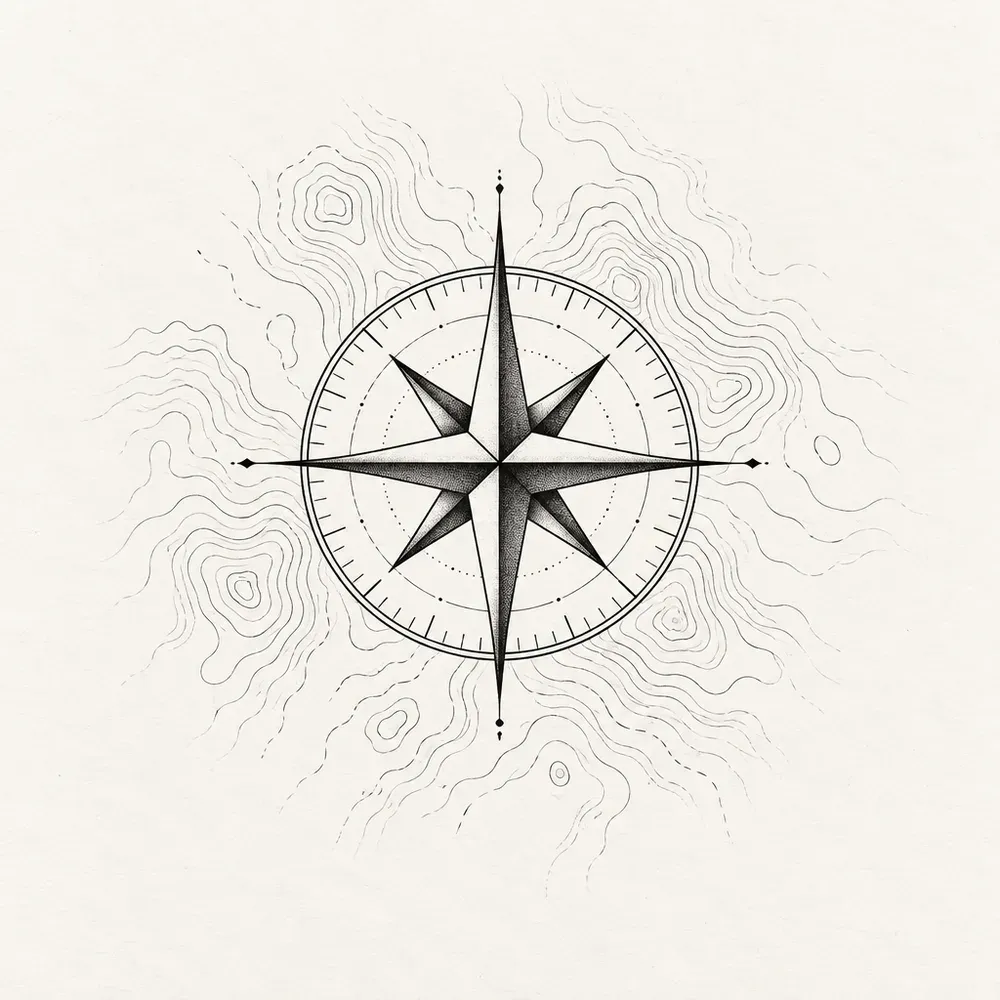 A compass rose sitting over faint topographic contour lines that ripple outward.