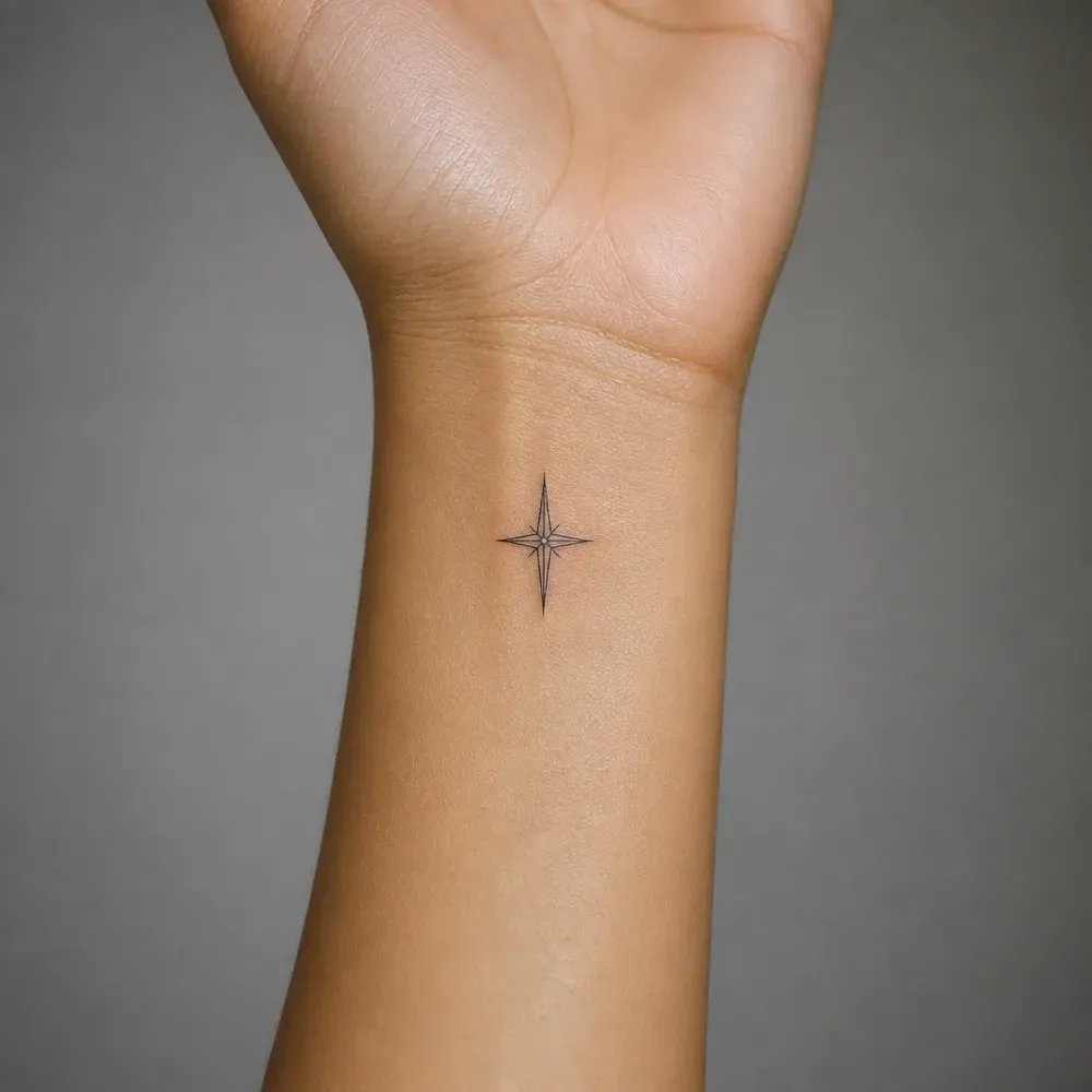 A small four-point compass star tattooed on the inner wrist of olive Filipino skin with a warm golden undertone.