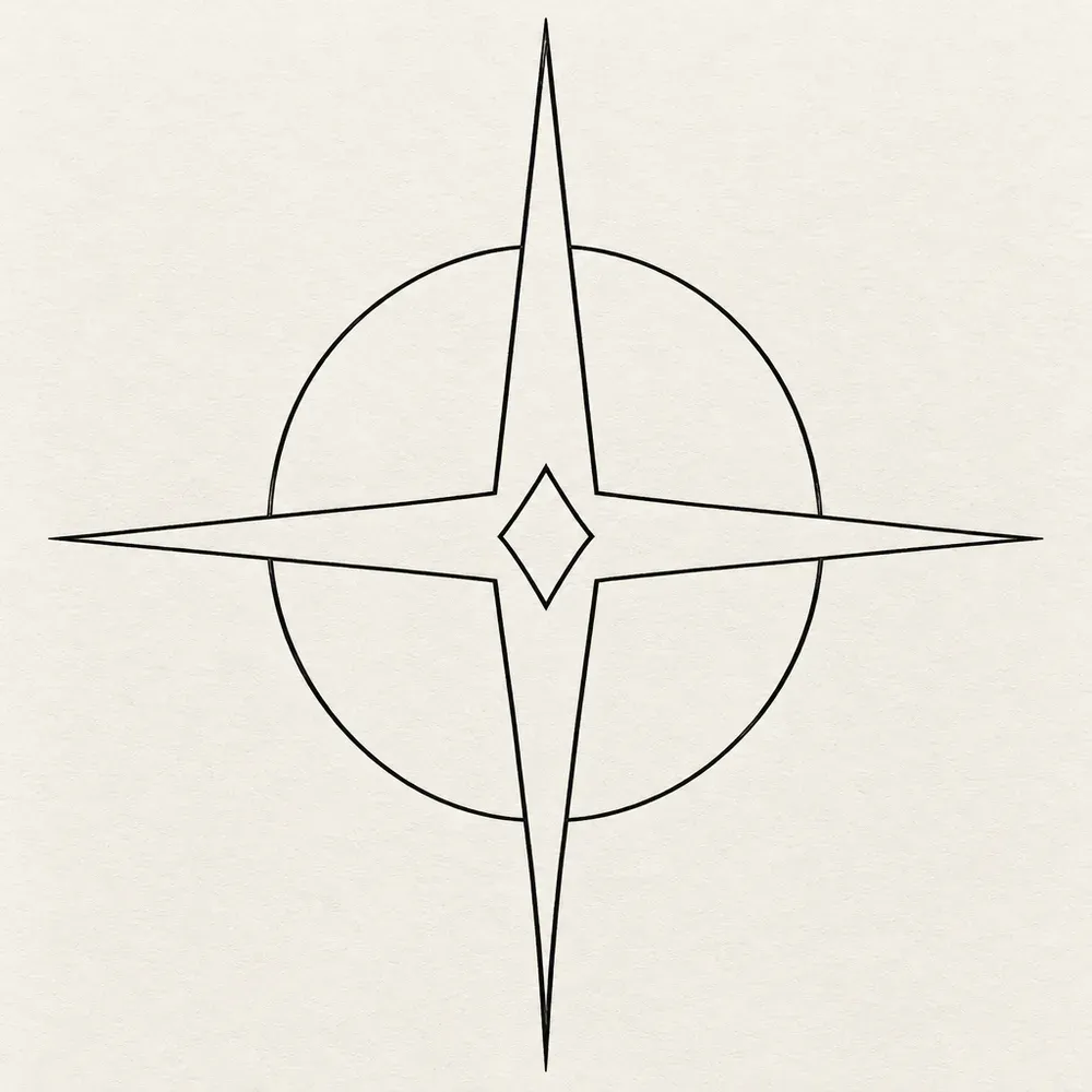 A plain circle crossed by four long straight points, with a small diamond at the centre.