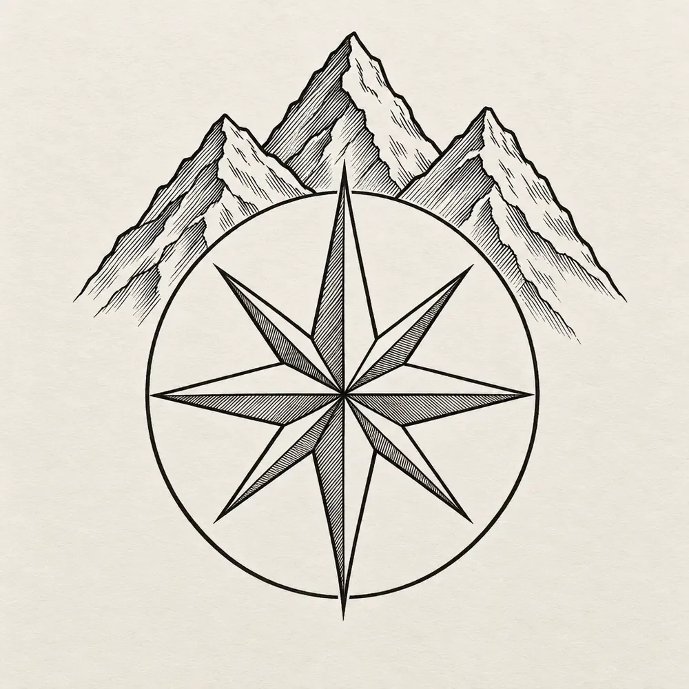 A compass rose in a circle with three hatched mountain peaks rising behind it.