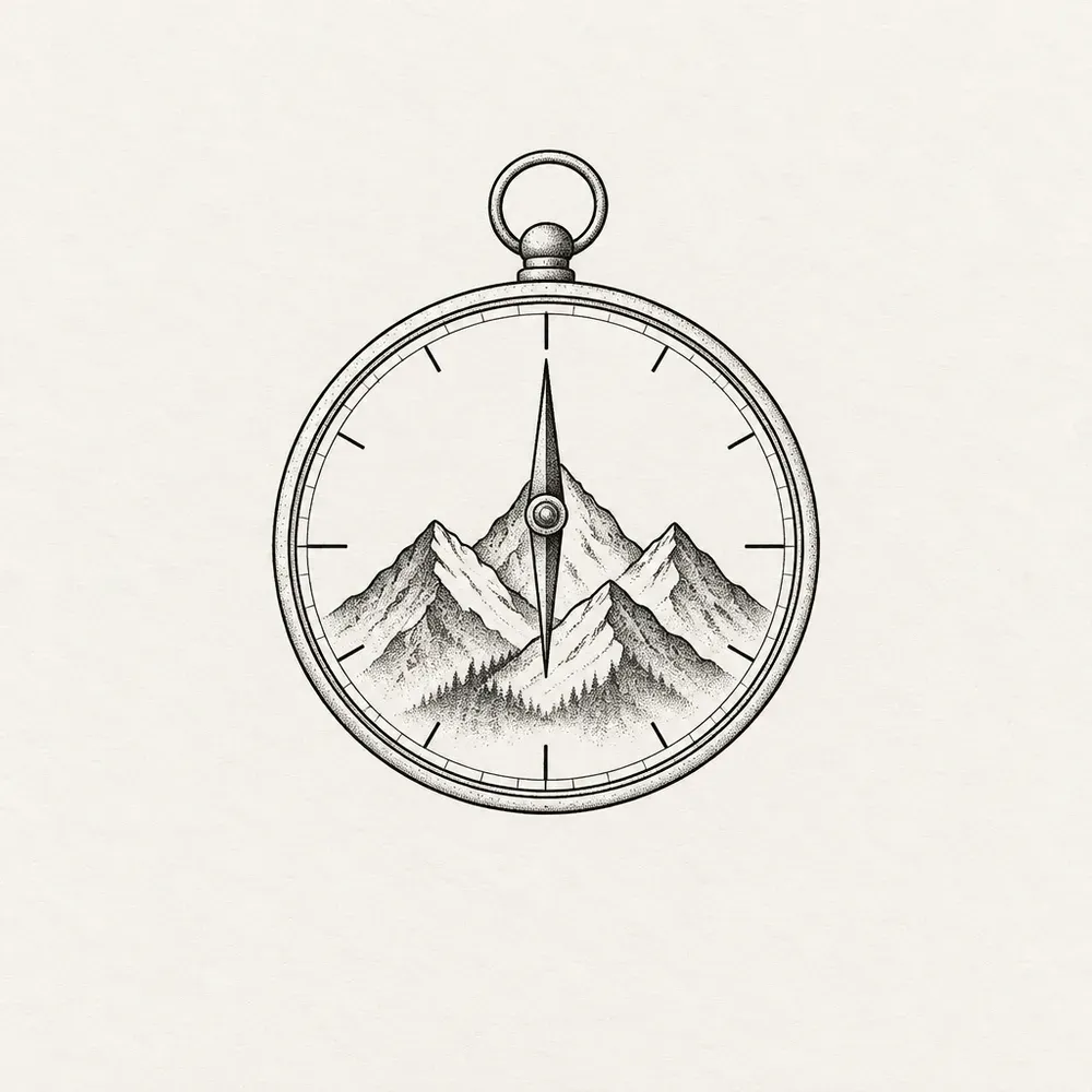 A pocket compass with a hinged ring at the top and a mountain range drawn across its face.