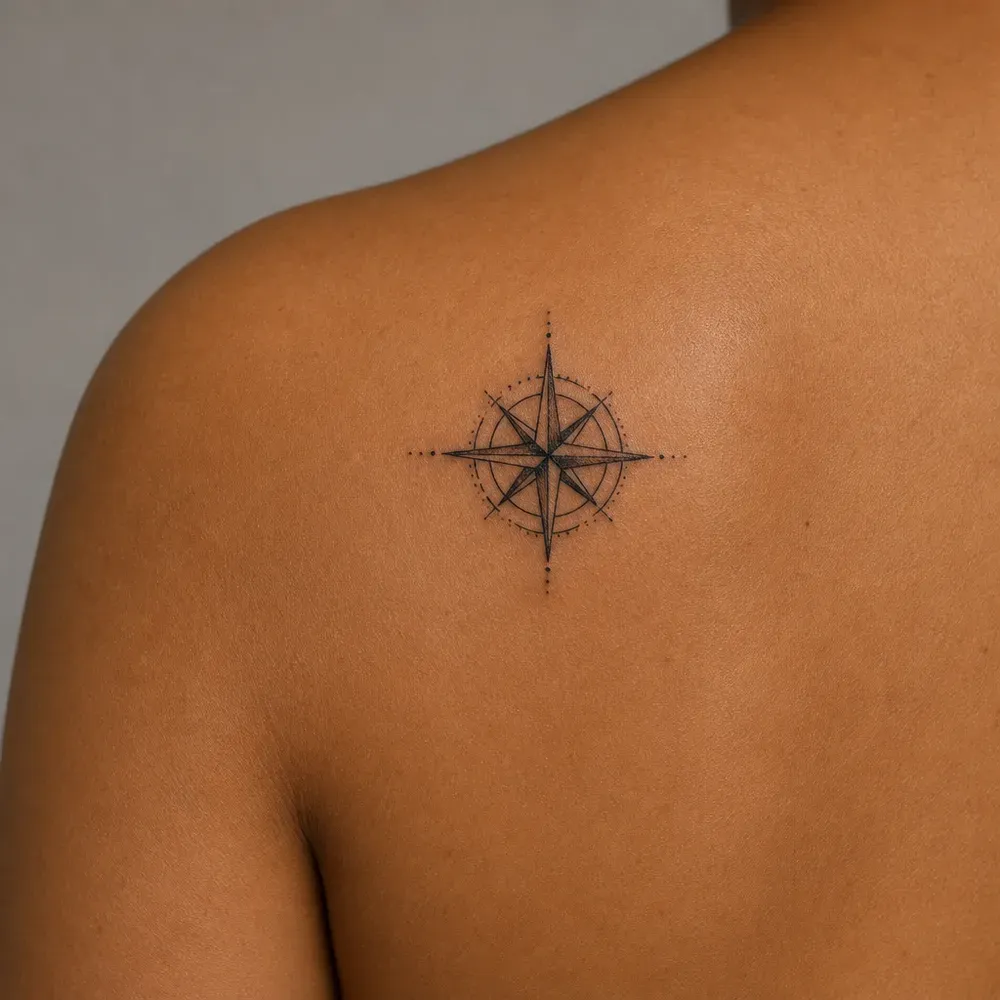 A small fine-line compass rose tattooed on the shoulder blade of medium brown skin, seen from behind.