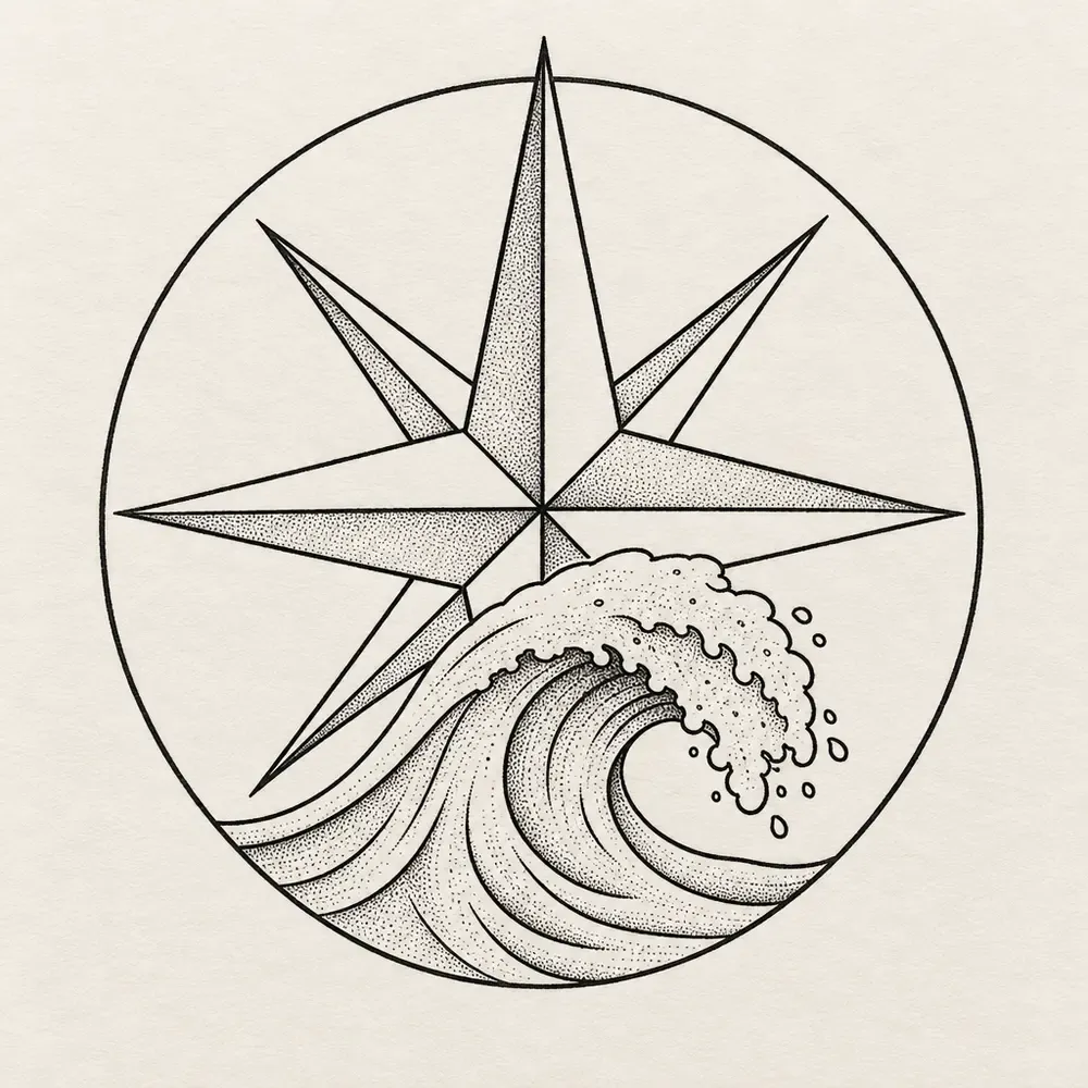 A compass rose in a circle with a wave curling across its lower half.