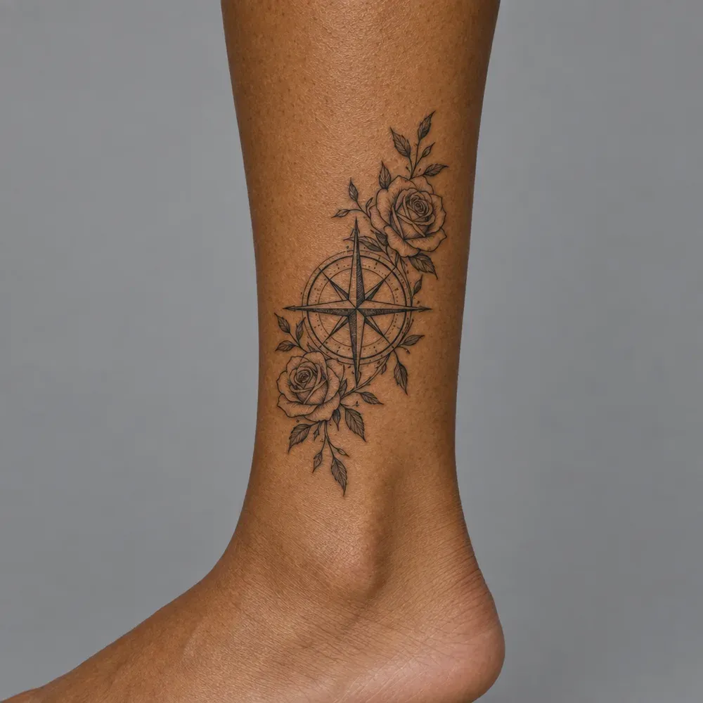 A compass rose with roses growing around it, tattooed on the outer ankle of warm brown skin.