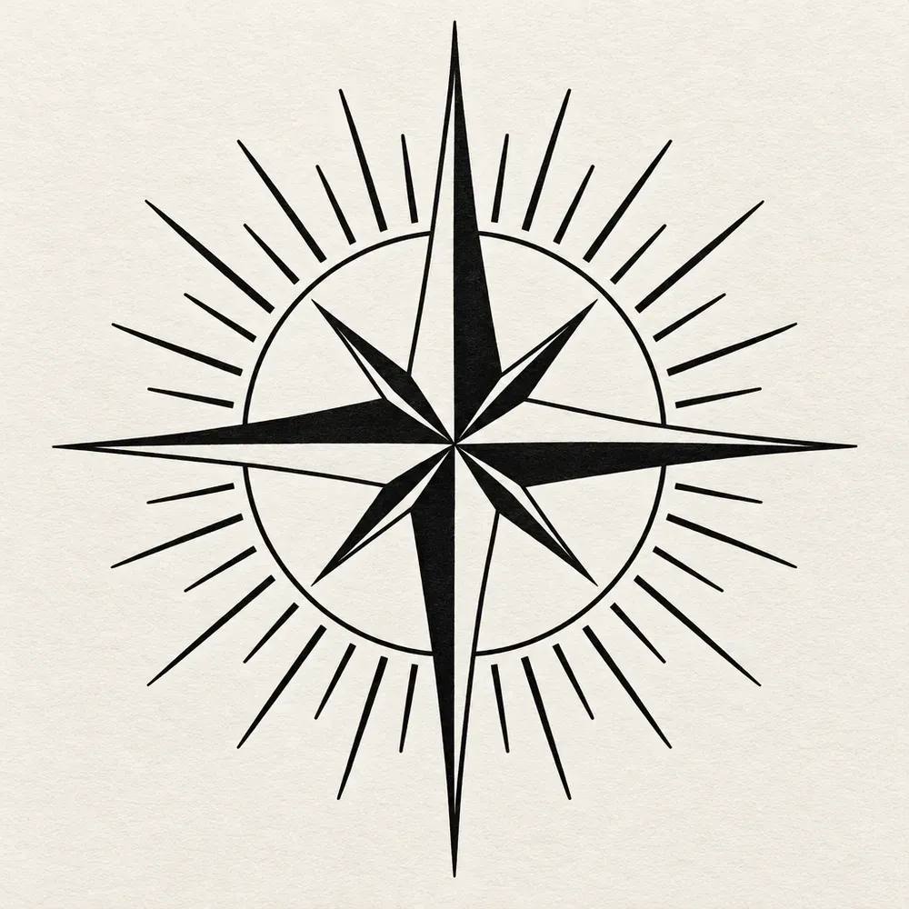 A compass rose with solid black points inside a ring of straight sun rays.