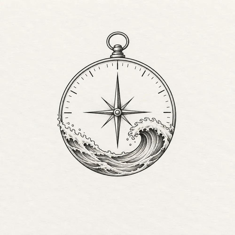 A pocket compass with a hinged ring at the top and a breaking wave across its face.