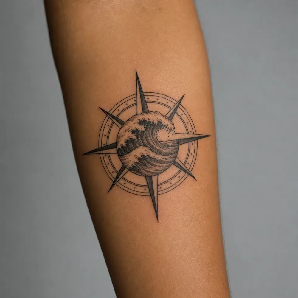A compass rose with a wave inside it, tattooed on the outer forearm of medium brown skin.