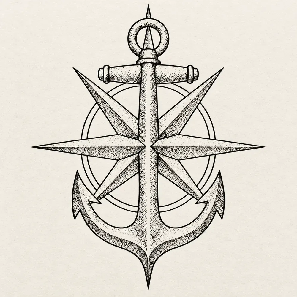 An anchor standing upright through the middle of an eight-point compass rose.