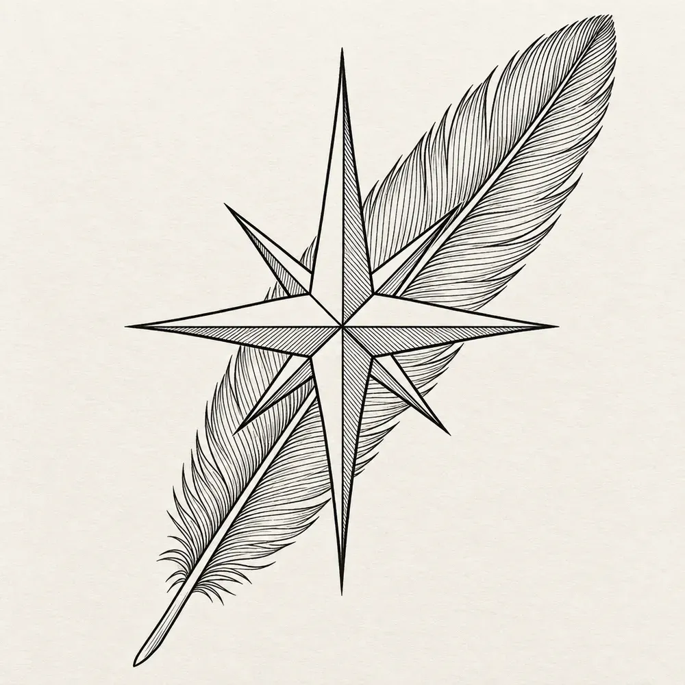 A compass rose with a long feather lying diagonally behind it.