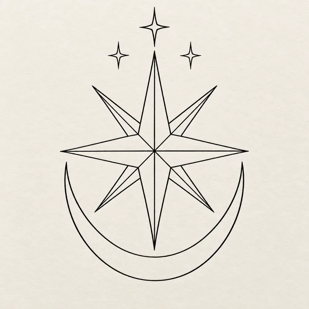 A compass rose cradled by a slim crescent moon, with three small stars above it.