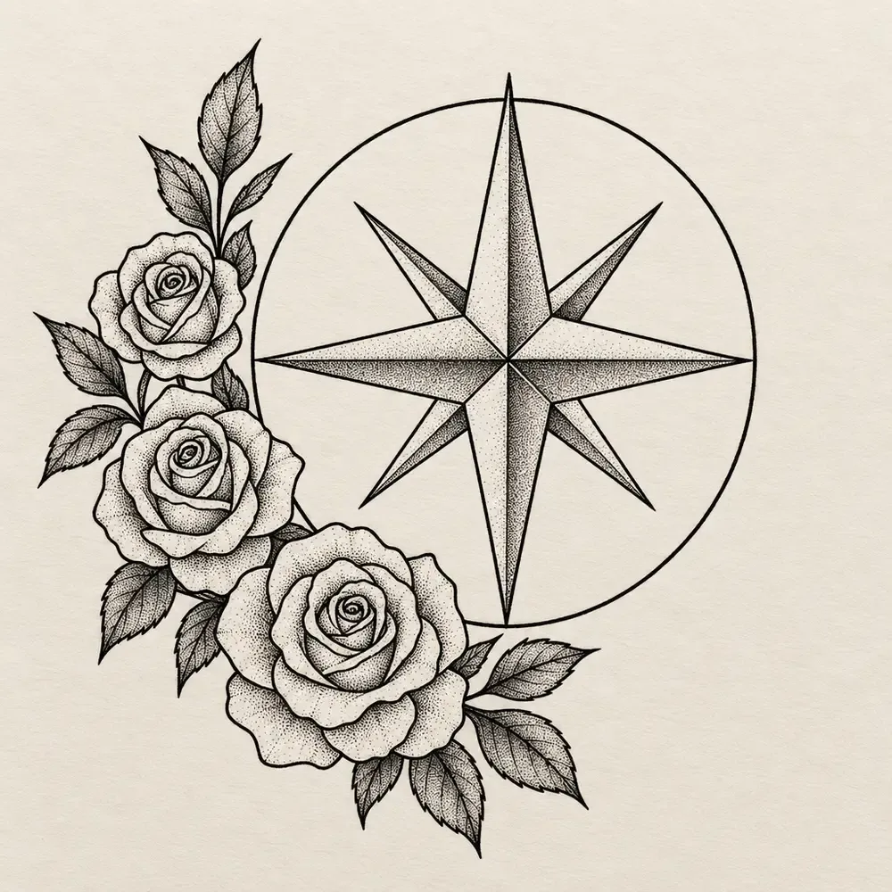 A compass rose in a circle with three shaded roses and leaves growing at its lower left.