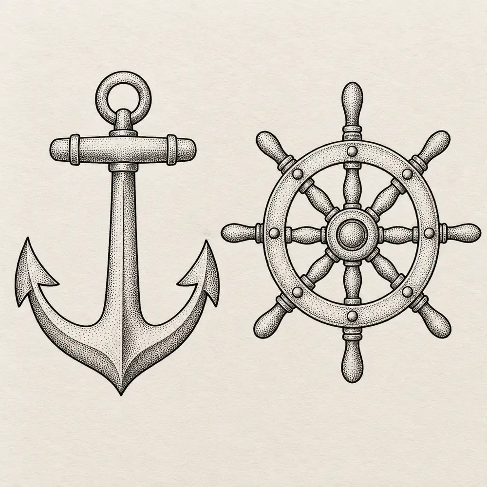 An anchor on the left and a ship's helm wheel on the right, drawn at the same size.