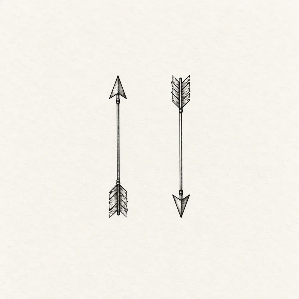 Two arrows side by side, one with its fletching drawn in detail and one left plain.