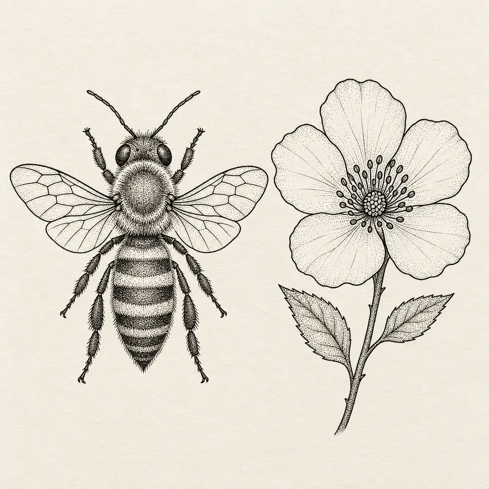 A honey bee seen from above on the left and a single open flower on the right.