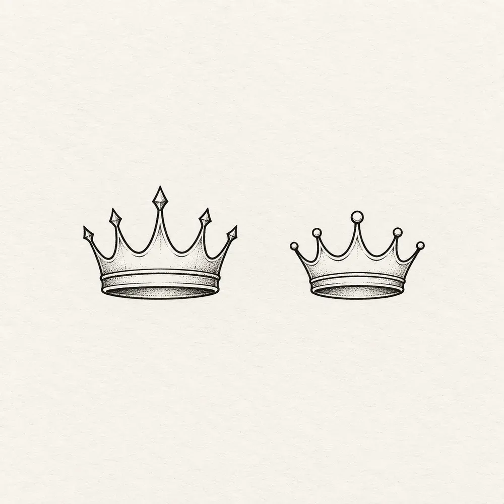 Two crowns side by side, a taller one with pointed peaks and a smaller one with rounded ones.