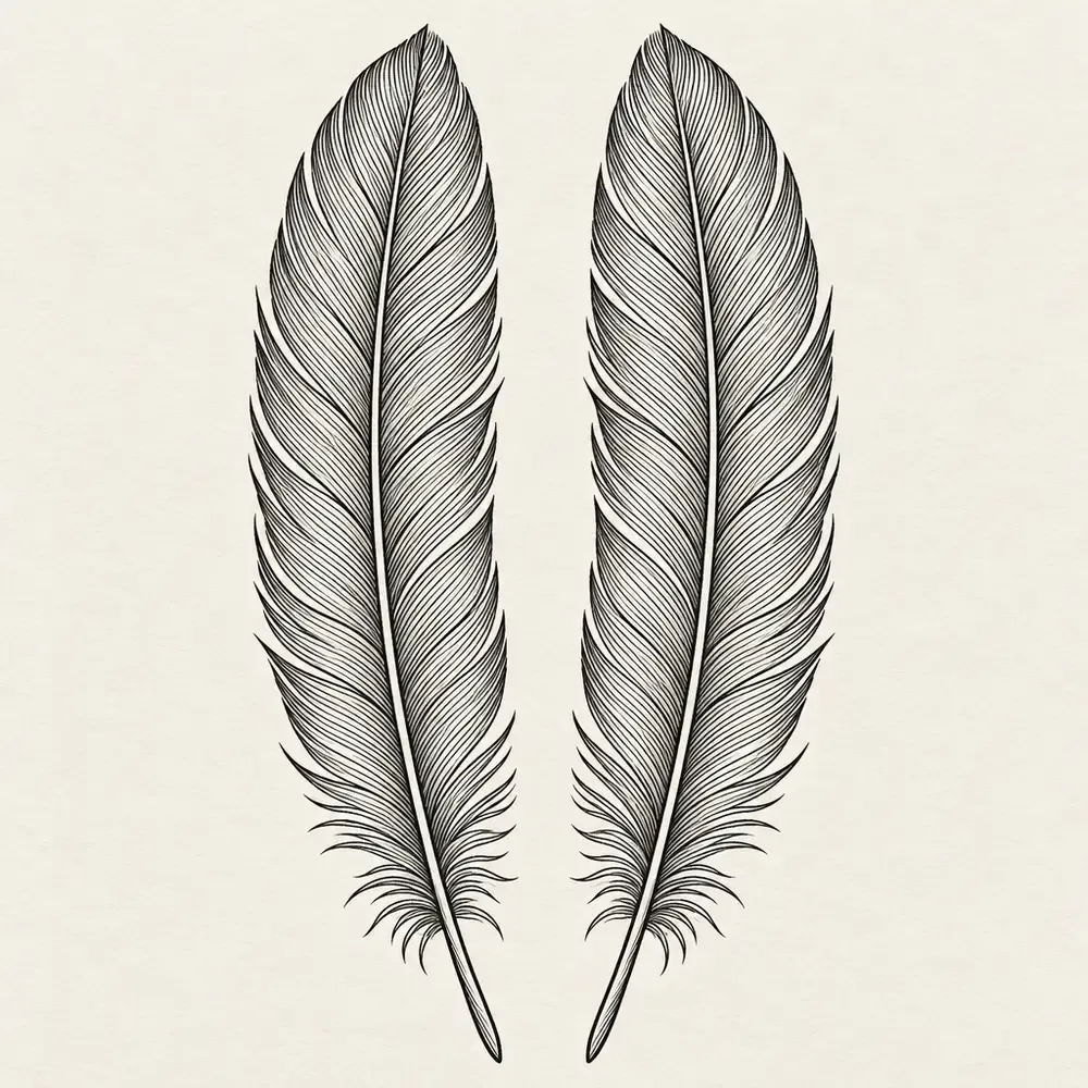 Two long feathers side by side and mirrored, the barbs drawn in fine parallel strokes.