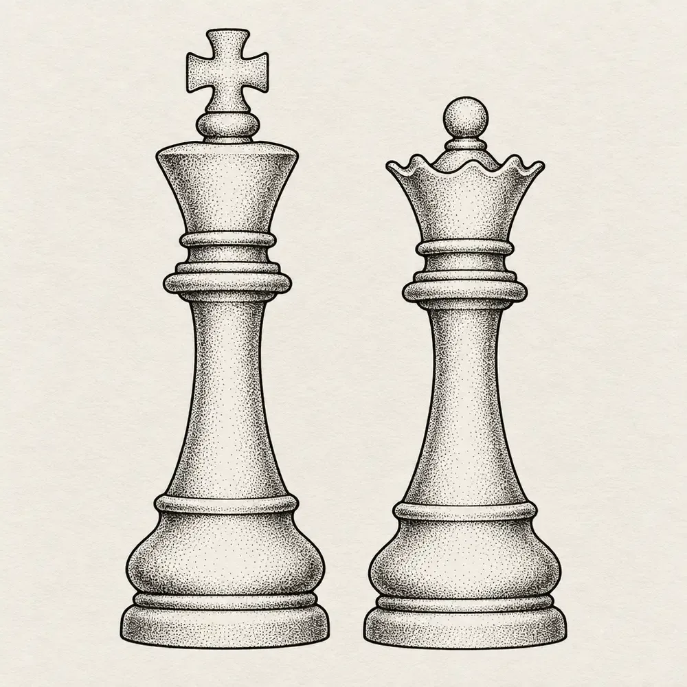 A chess king and a chess queen standing side by side, both shaded in fine stipple.