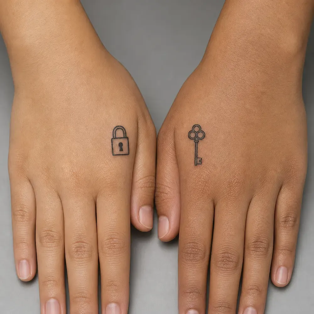 A padlock on the back of one hand and a key on the back of the other, on two people with medium brown Filipino skin.