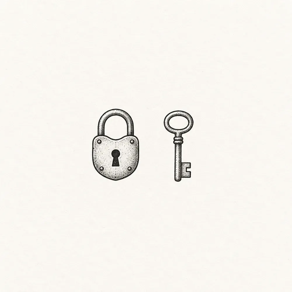 A padlock on the left and a key on the right, drawn as a pair at the same size.