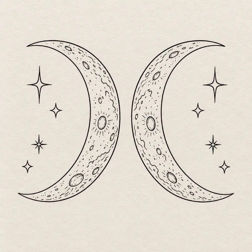 Two crescent moons facing away from each other, each with a scatter of small stars.