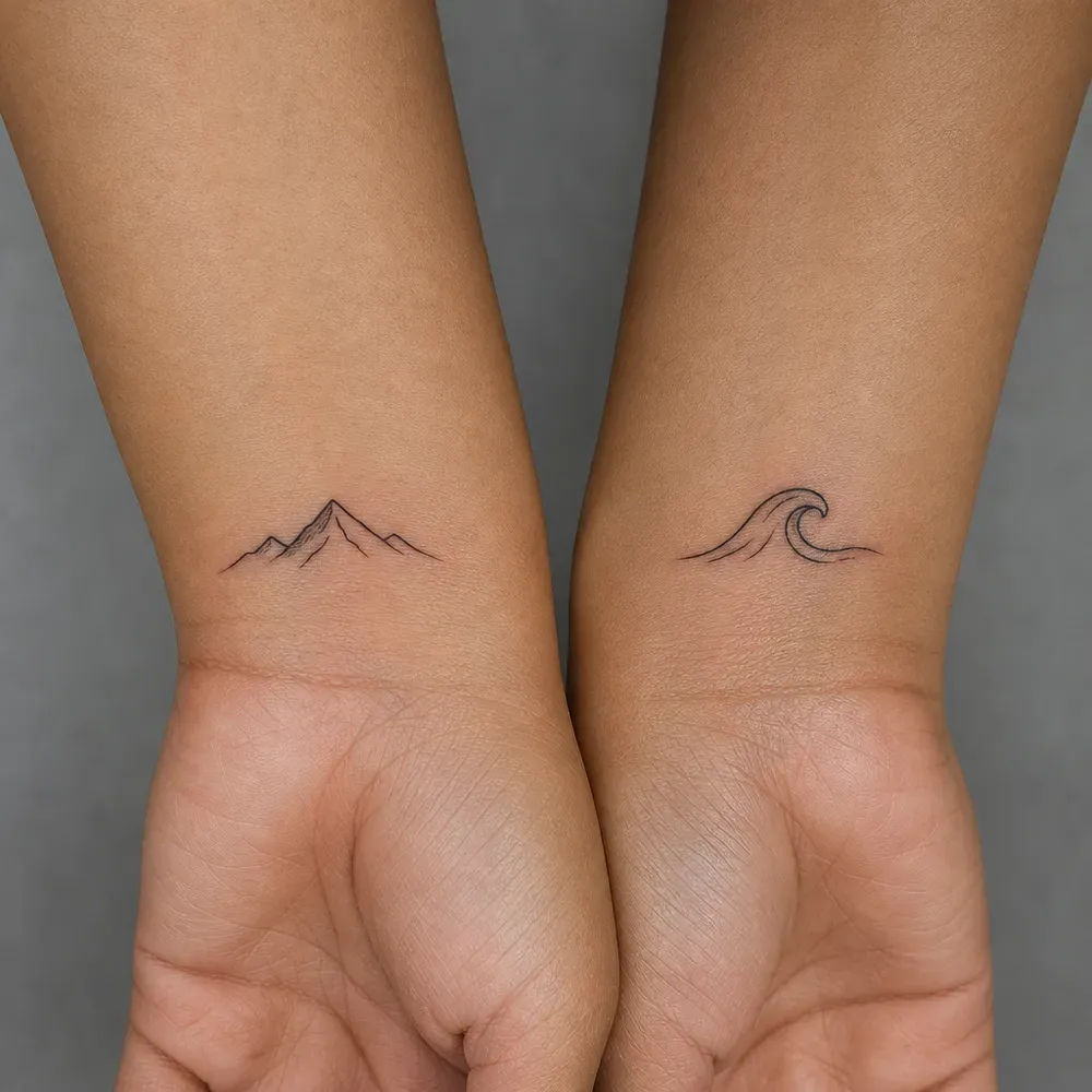 A mountain on one wrist and a wave on the other, on two people with medium brown Filipino skin.