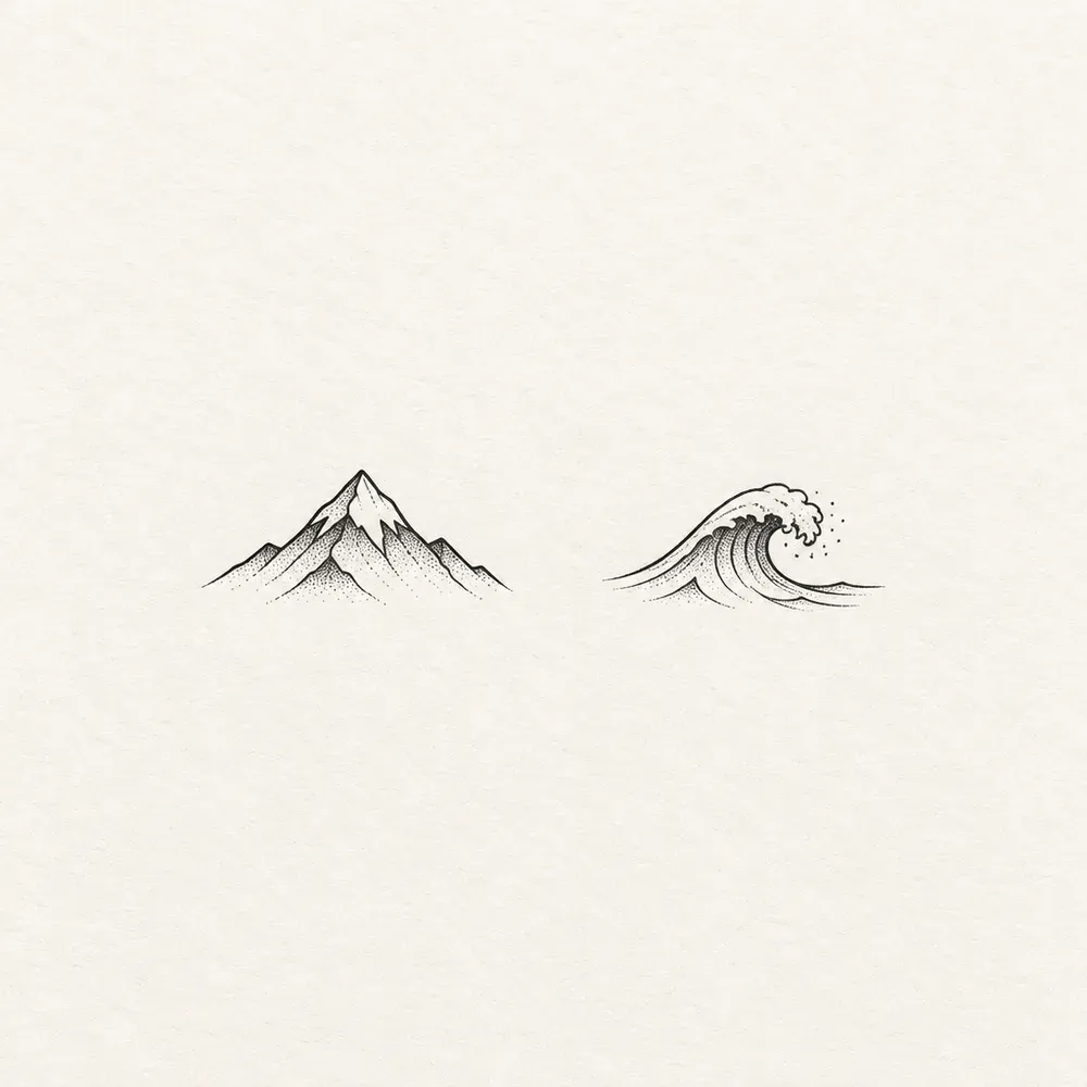 A shaded mountain peak on the left and a breaking wave on the right.