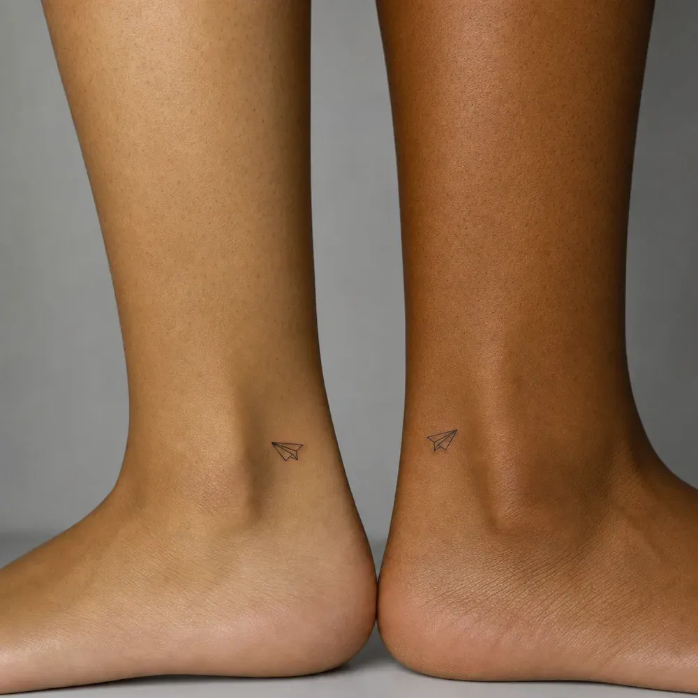 A paper plane on each of two people's ankles, on olive and warm brown Filipino skin.
