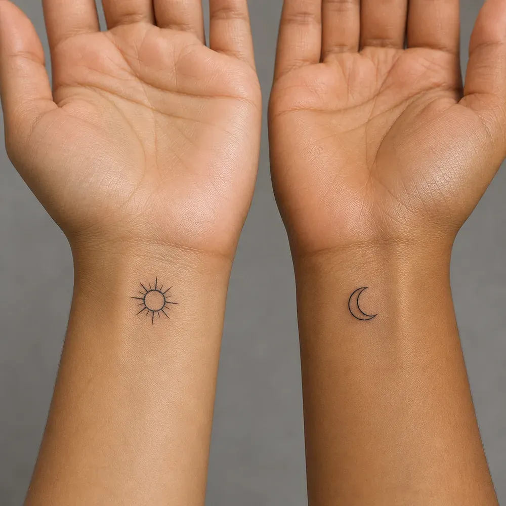 A sun on one inner wrist and a crescent moon on the other, on two people with medium brown Filipino skin.