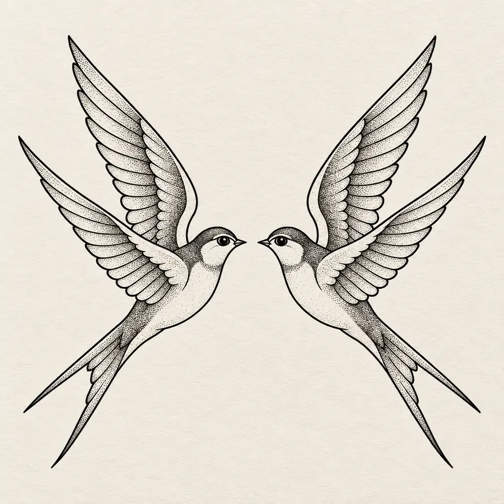 Two swallows in flight facing each other with their wings spread.