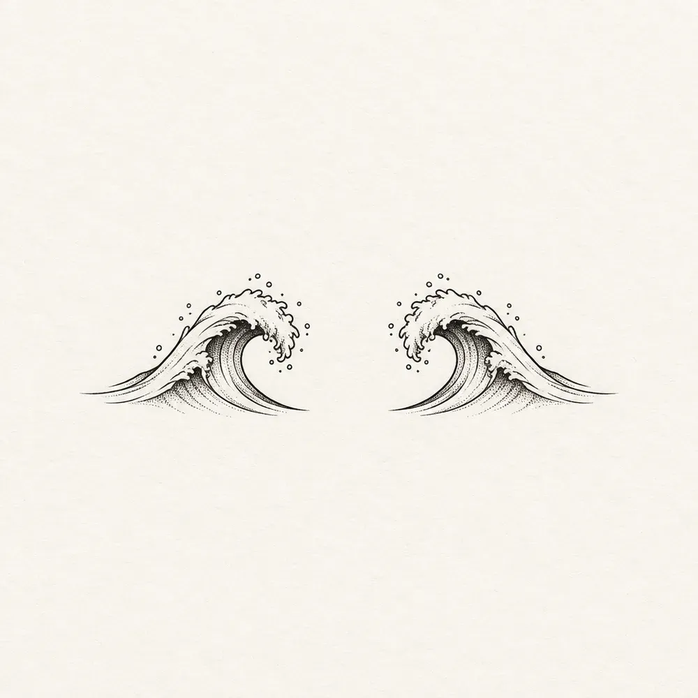 Two matching breaking waves side by side, each with a scatter of spray above it.