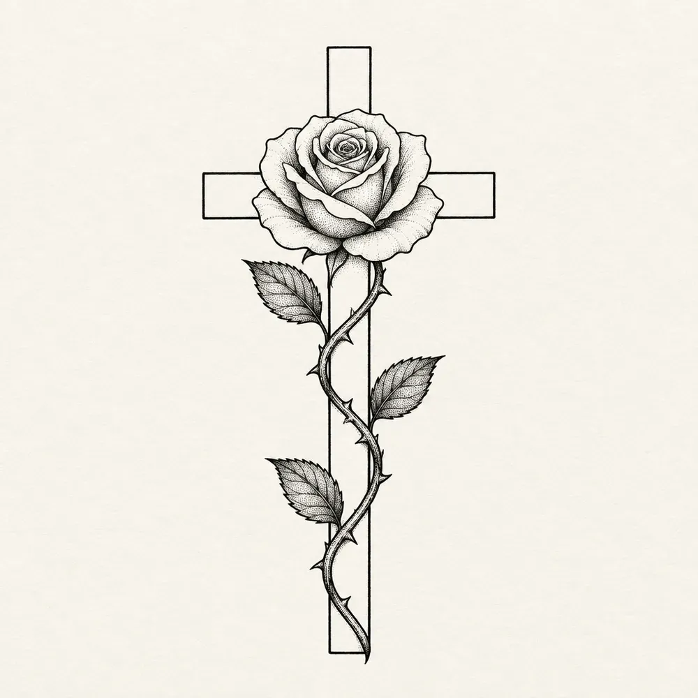 A plain outlined cross with a thorned stem spiralling up it, three toothed leaves along the stem and an open rose sitting where the beams meet.