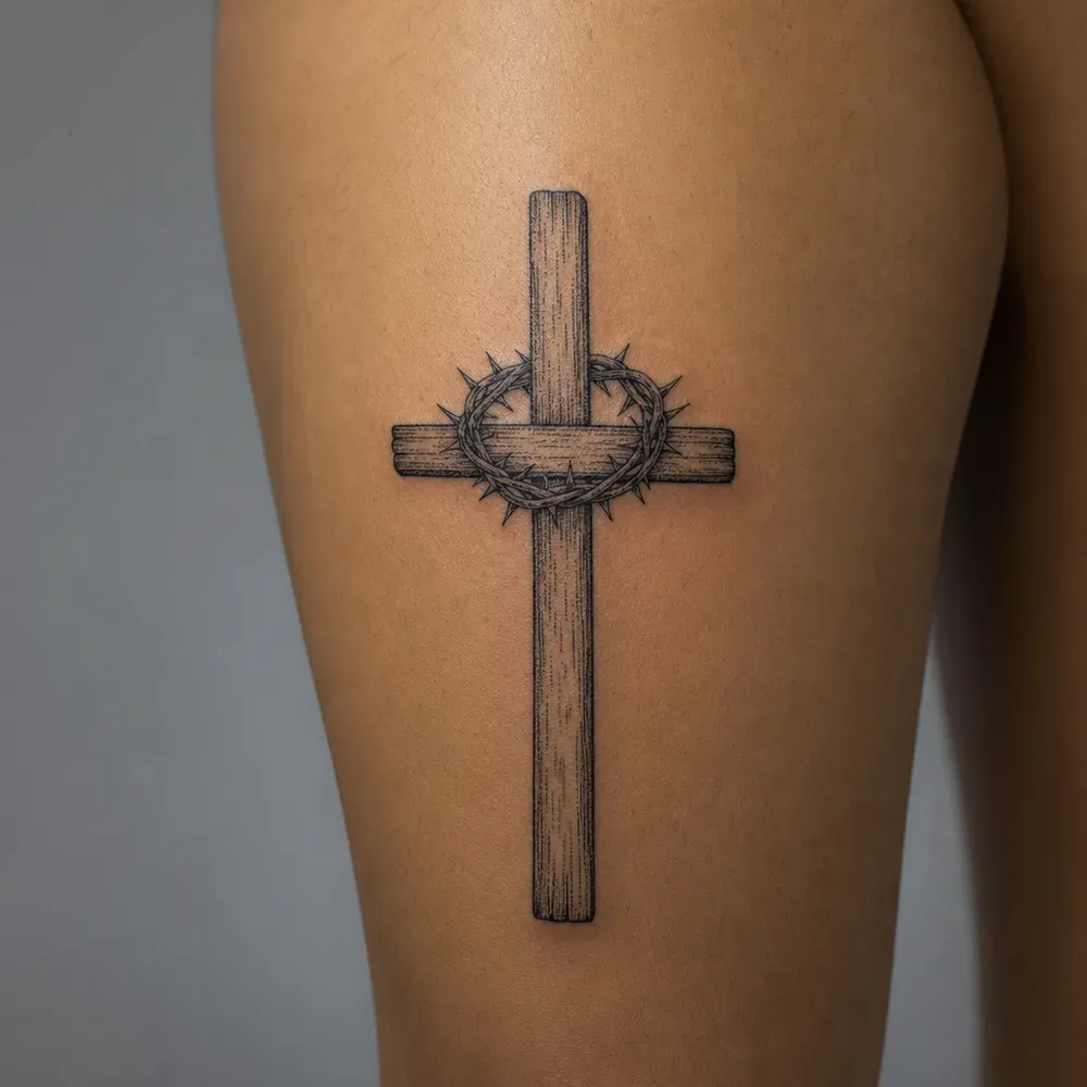 A wooden cross with grain lines and a thorned crown hung over the crossbeam, tattooed down the back of the thigh on olive skin.