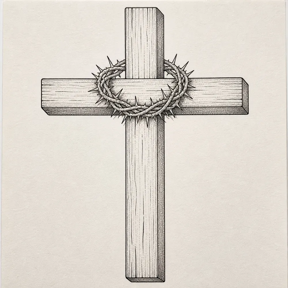 A wooden cross with grain lines and stippled sides giving the beams depth, a woven crown of thorns resting where the beams meet.