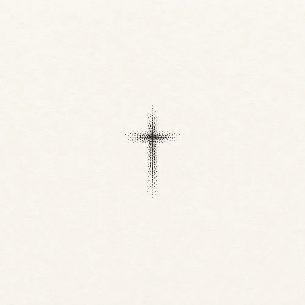 A small cross made only of dots, densest along the centre of each beam and thinning to scattered points at the edges, with no outline at all.