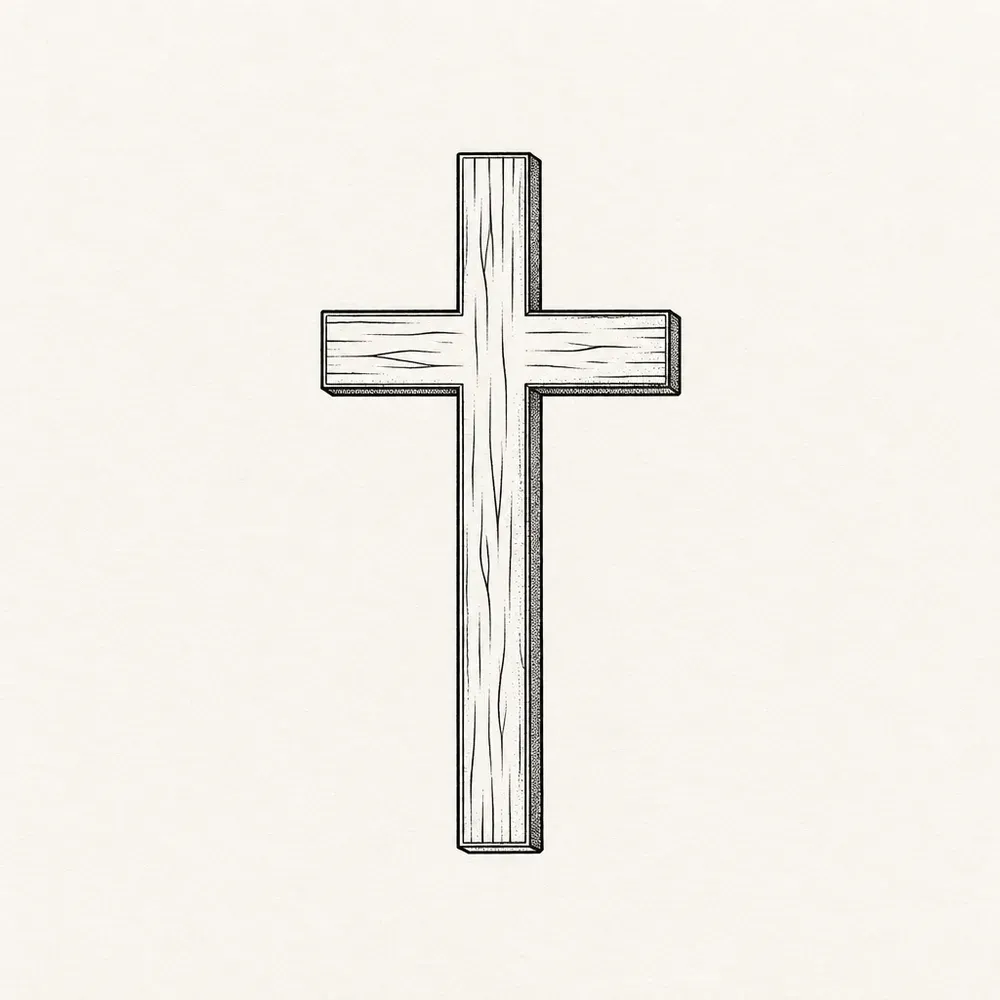 An upright cross drawn as timber, the grain shown by long curving strokes and a stippled edge down the right side of each beam giving it thickness.