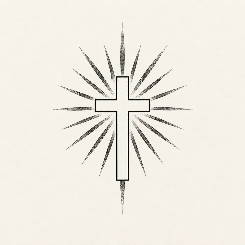 An outlined cross with long tapering rays of stipple radiating out behind it in every direction, longest at the top and shortest at the sides.