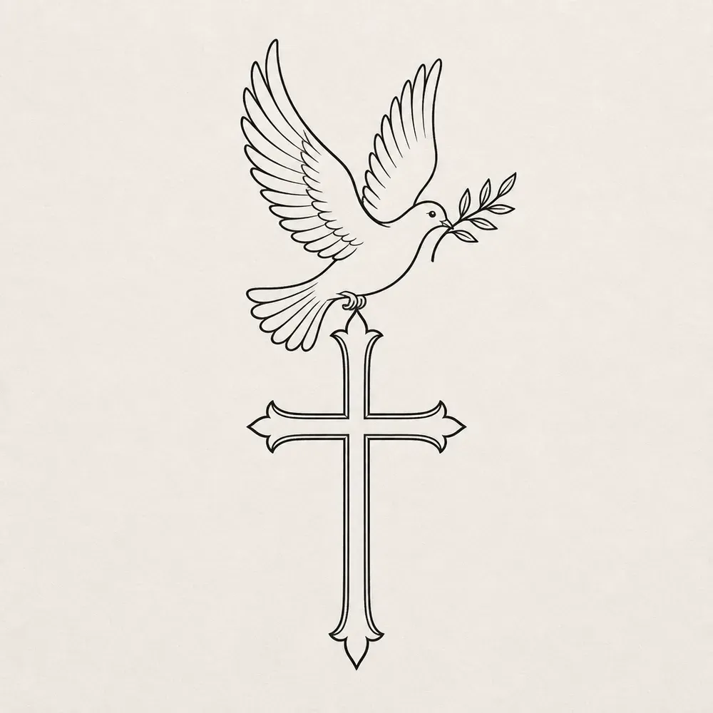 A dove with raised wings and an olive sprig in its beak perched on top of a slim cross whose arms end in small pointed flares.