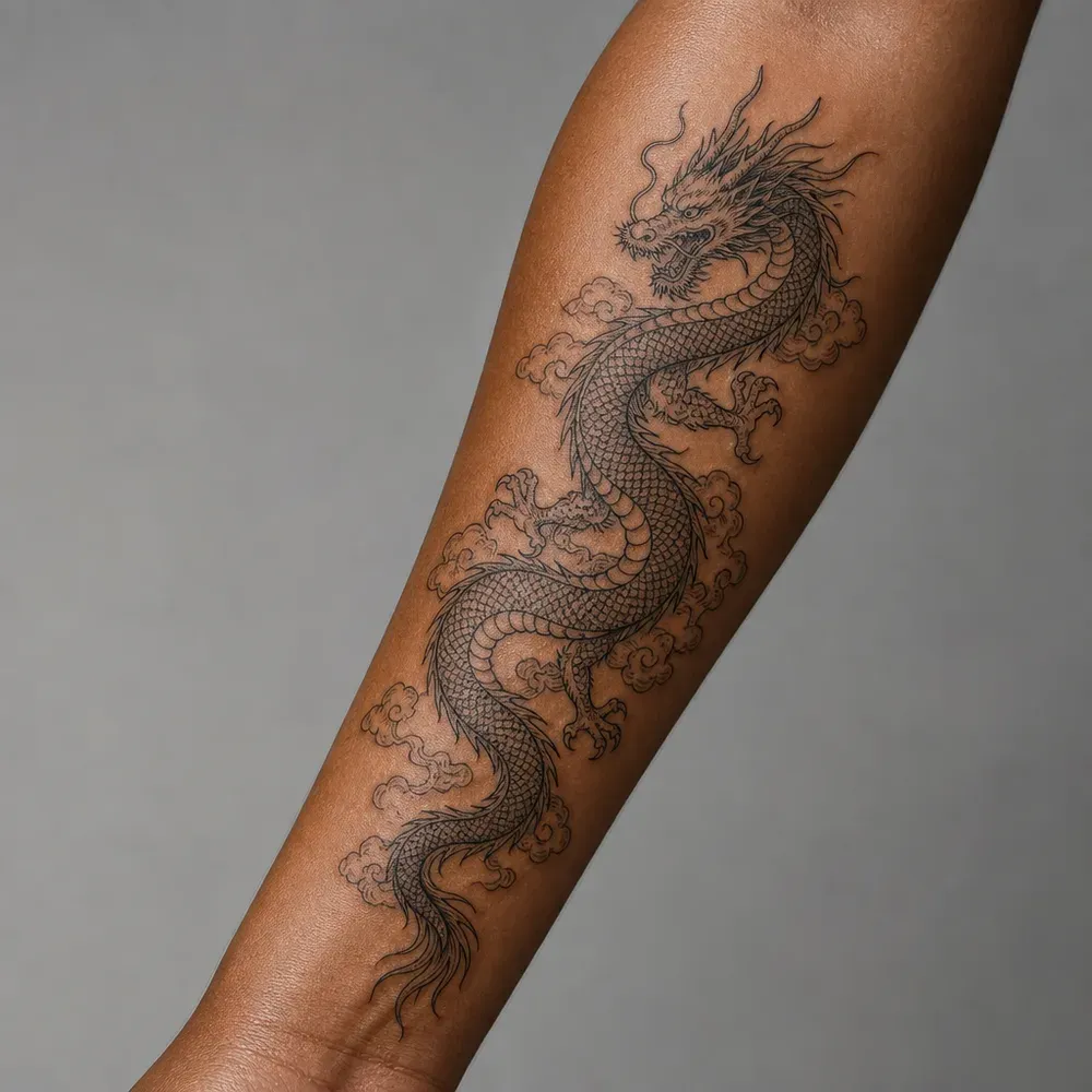 A long Chinese dragon climbing through clouds from wrist to elbow, tattooed in black line on the outer forearm of warm brown skin.