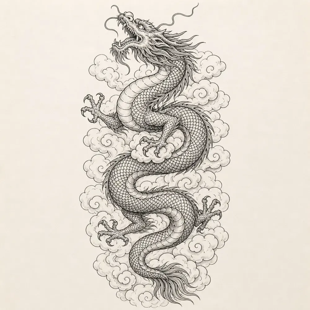 A long Chinese dragon climbing up a tall column of clouds, head at the top, hatched belly plates and neat scales in black line.