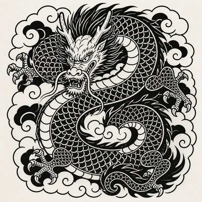 A Japanese dragon twisting in an S among curling clouds, its face turned to the front, drawn with bold outline and solid black fills.