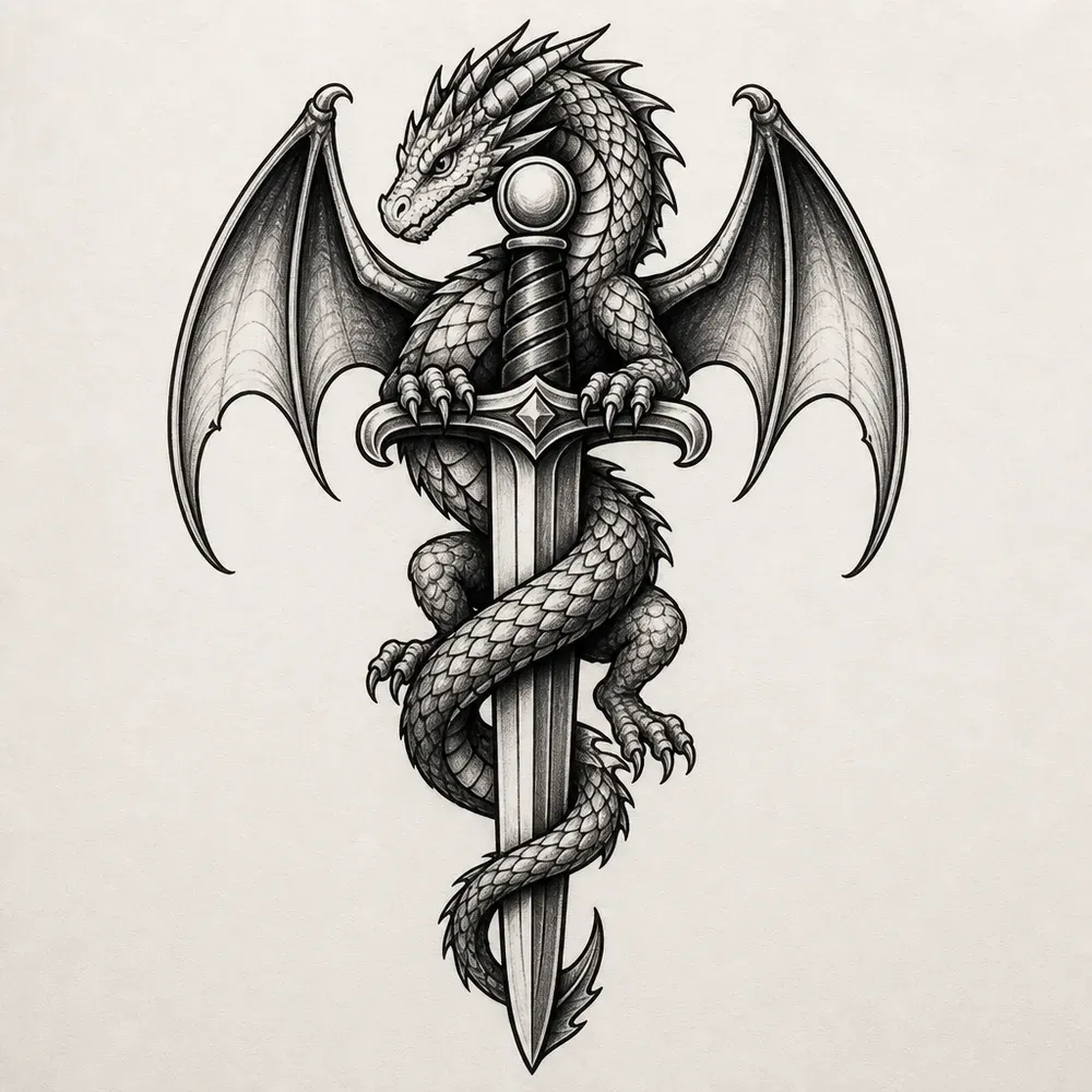 A small winged dragon coiled down a double-edged dagger, claws on the crossguard and head by the pommel, in shaded black ink.